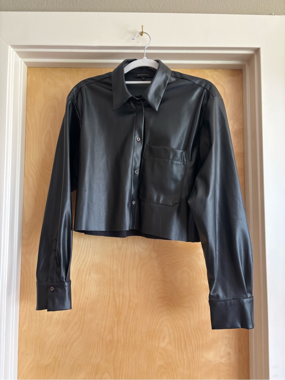 Olivaceous Black Faux Leather Cropped Button-Up Shirt Boxy Pocket Sz M